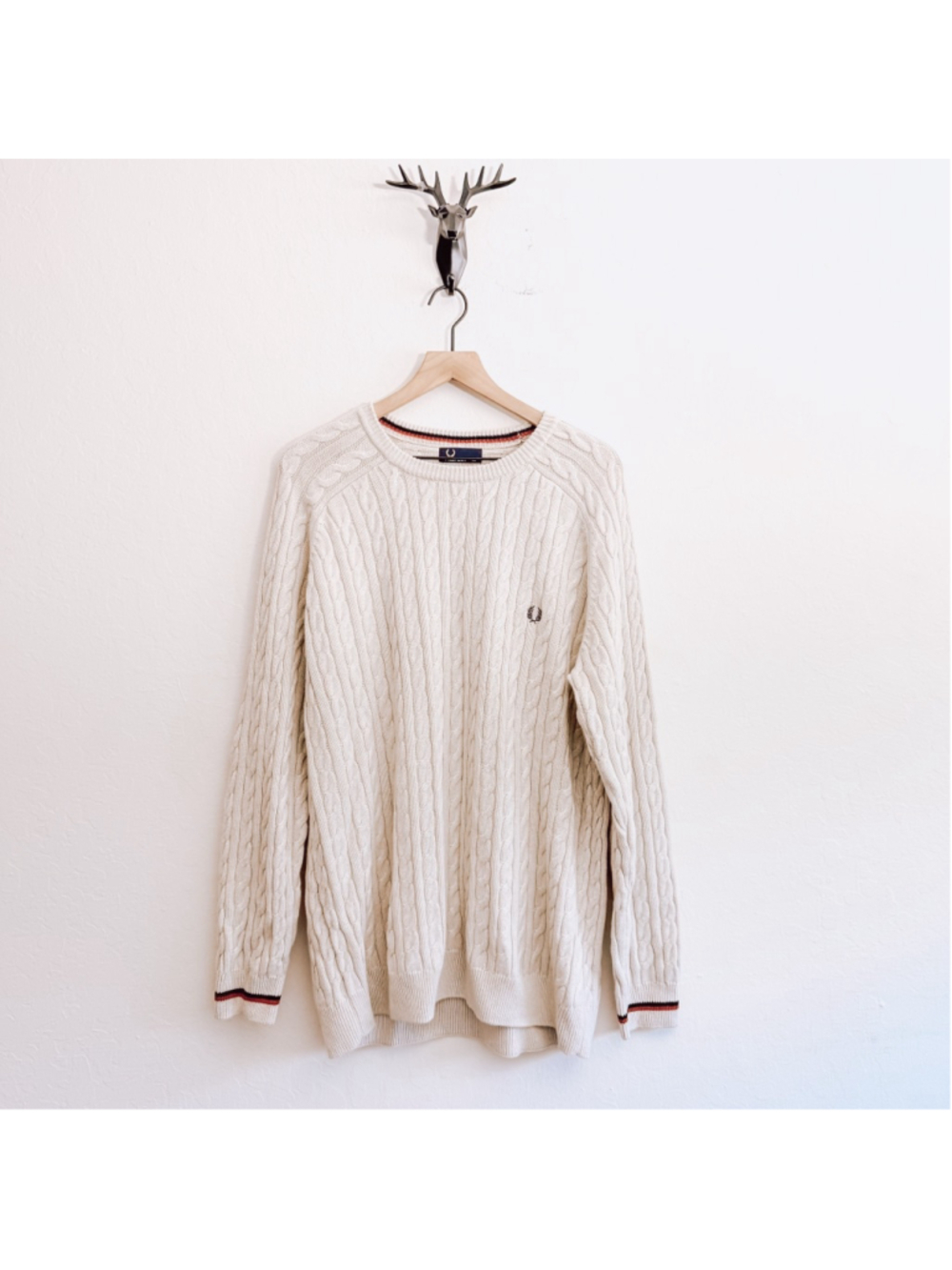 Fred Perry Men's Cream/Navy Blue Cable Knit Crewneck Sweater Size XXL